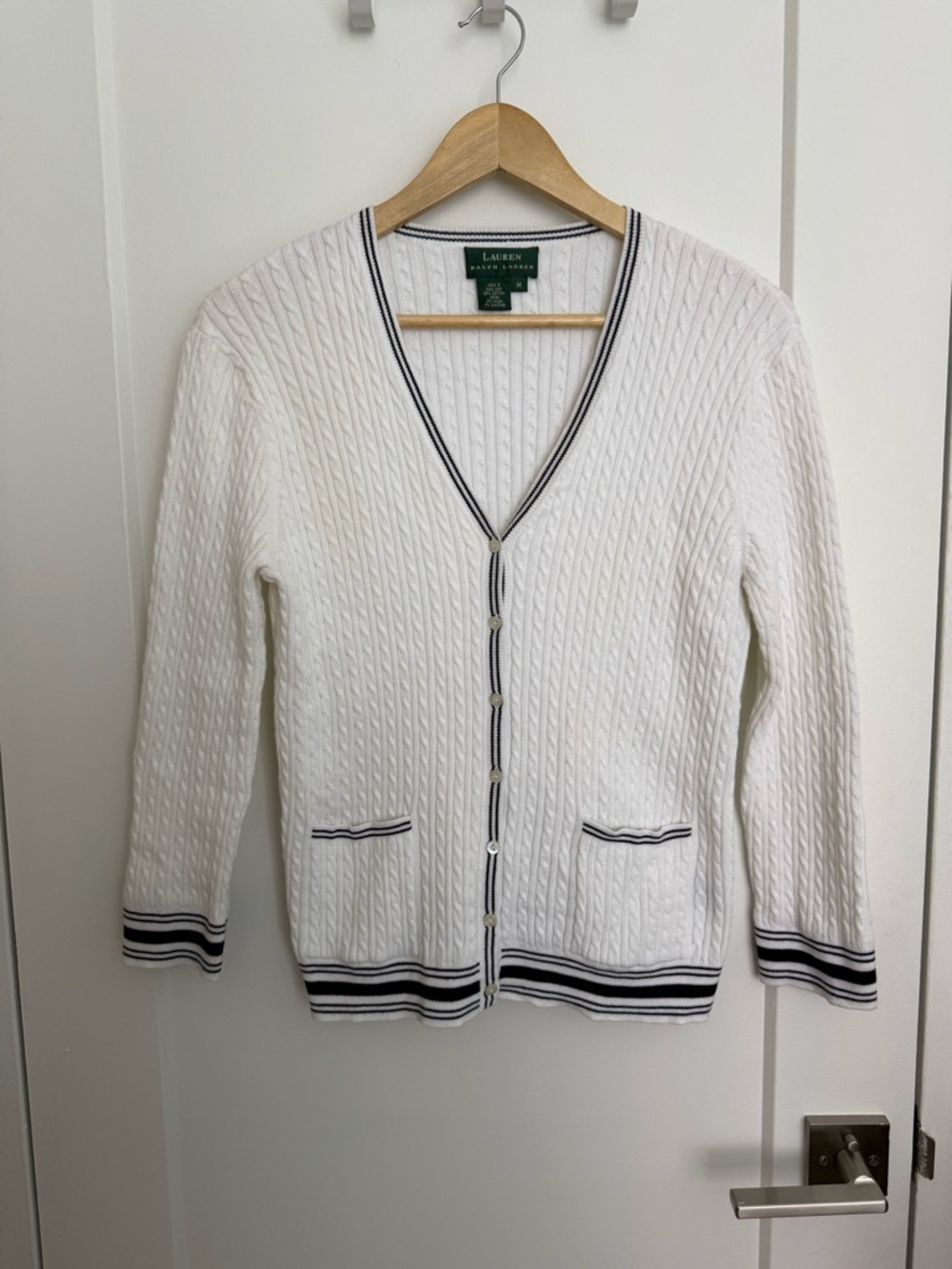 Vintage Lauren Ralph Lauren - Cable Knit Cardigan - Cream with Navy Trim - Picture 2 of 11